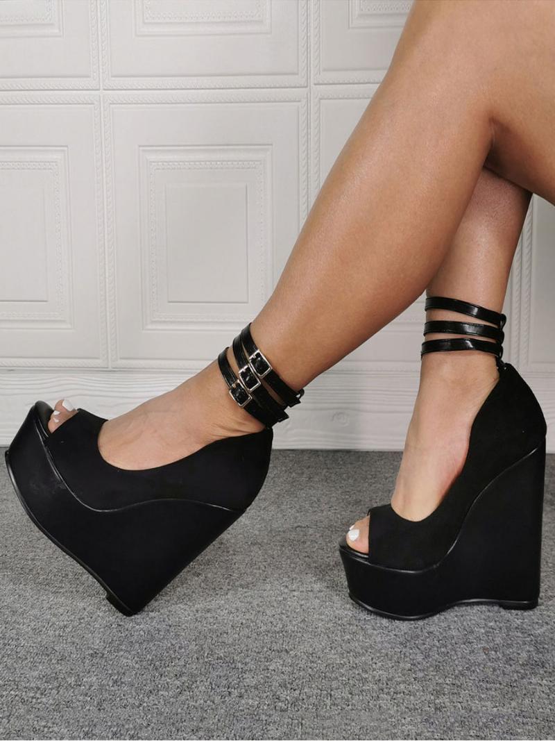 Női Szexi Magassarkú Fekete Peep Toe Wedge Heel Cipők Nagy Méretű