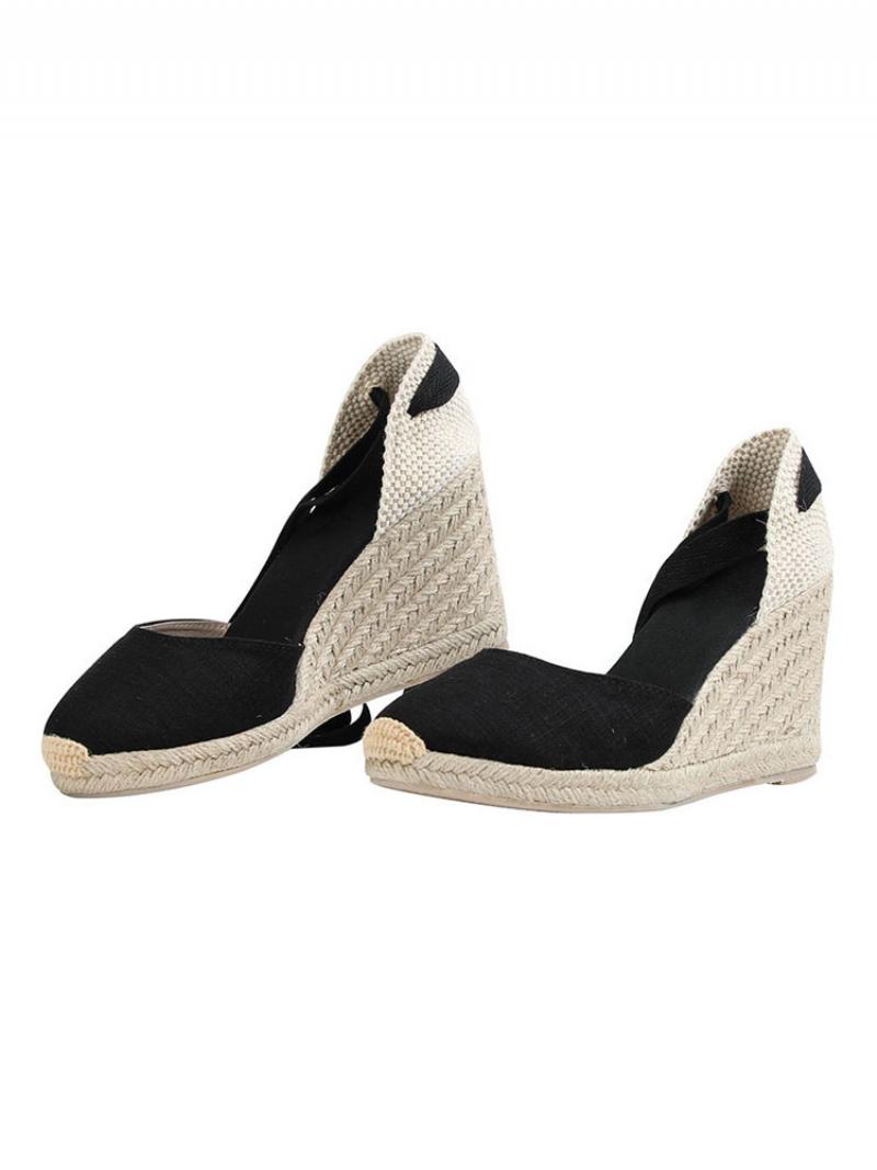 Női Wedge Heels Fűzős Hegyes Orrú Terry Wedges - Fekete