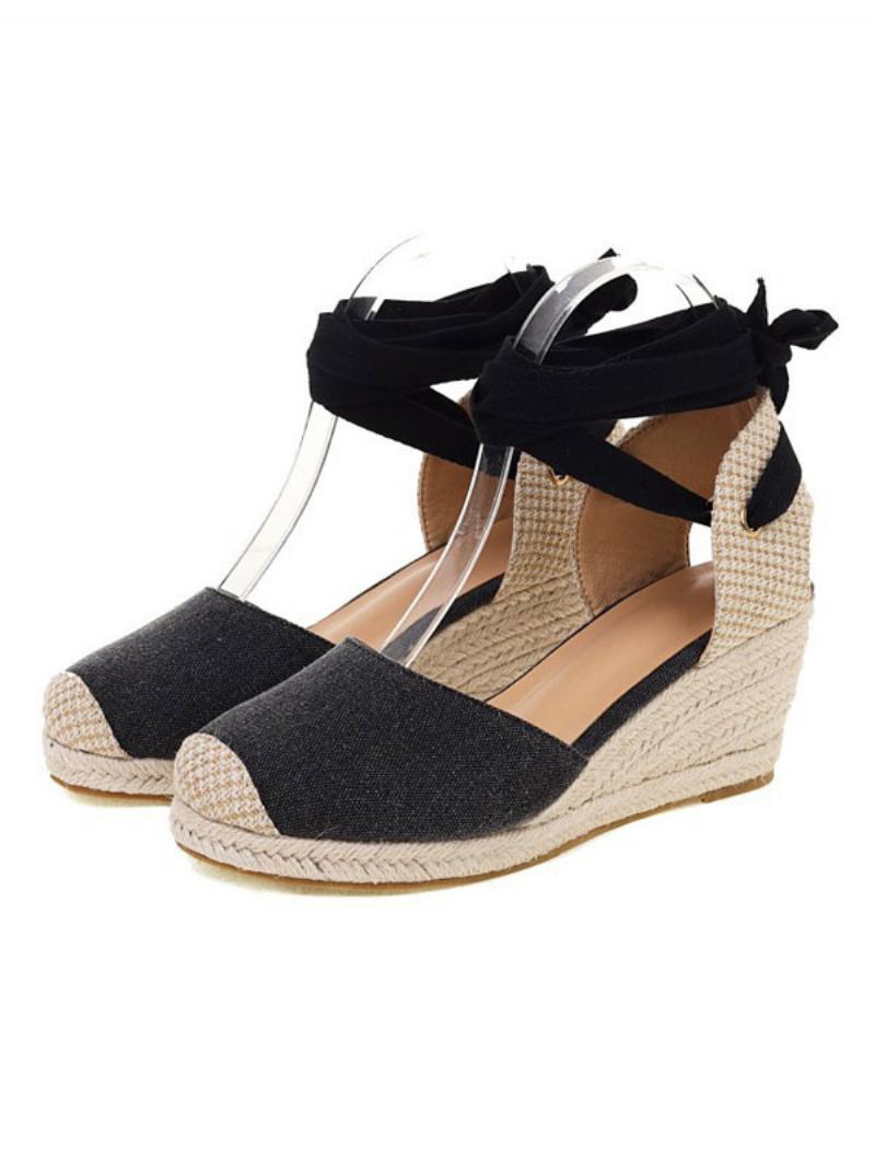 Női Wedge Heels Fűzős Kerek Orrú Terry Wedges - Fekete