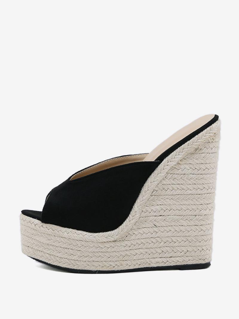 Női Wedge Heels Outdoor Micro Suede Felső Peep Toe Szandál - Fekete