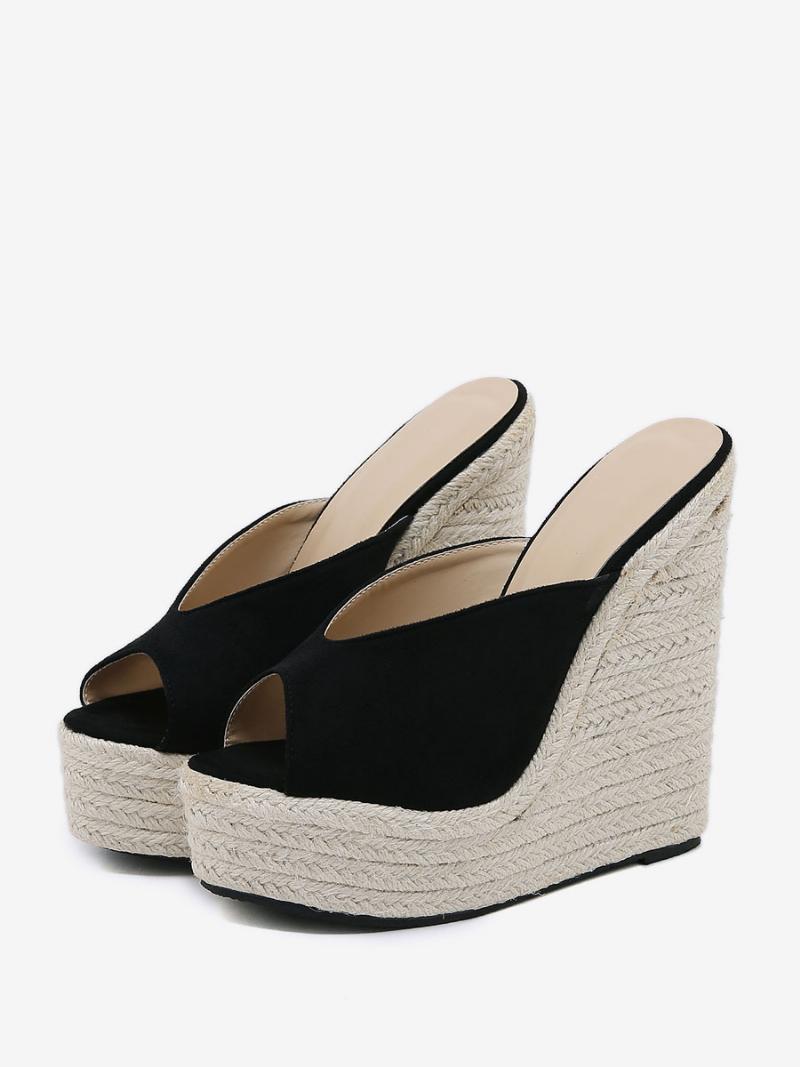 Női Wedge Heels Outdoor Micro Suede Felső Peep Toe Szandál - Fekete