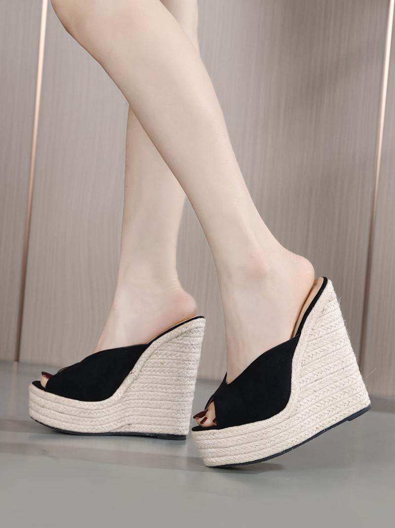 Női Wedge Heels Outdoor Micro Suede Felső Peep Toe Szandál - Fekete