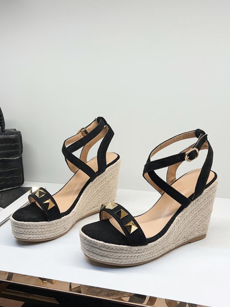 Női Wedge Sandals Platform Rivets Velúr Criss Cross Szandálcipő