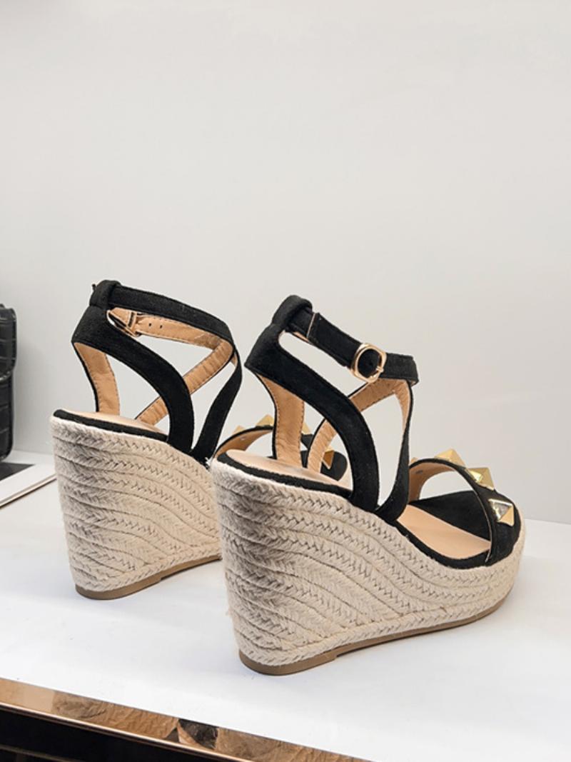 Női Wedge Sandals Platform Rivets Velúr Criss Cross Szandálcipő - Fekete