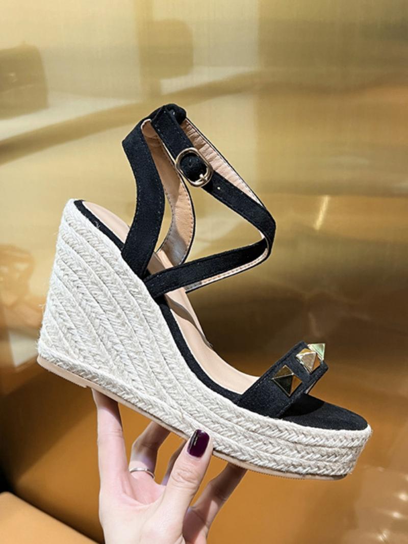 Női Wedge Sandals Platform Rivets Velúr Criss Cross Szandálcipő - Fekete