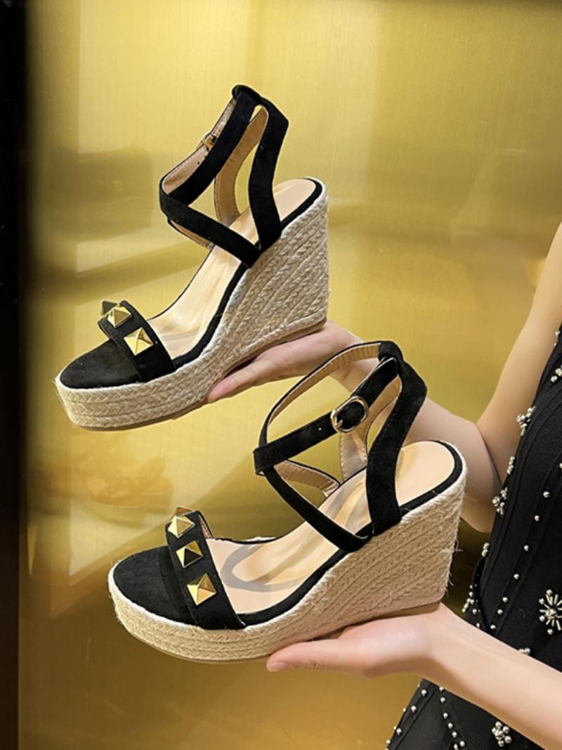 Női Wedge Sandals Platform Rivets Velúr Criss Cross Szandálcipő - Fekete