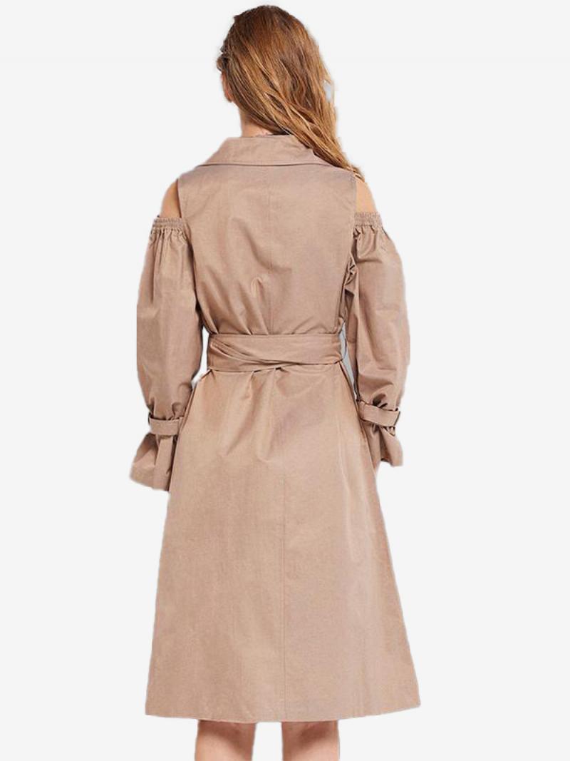 Női Khaki Trench Kabát Bevágott Hajtókás Öves Zsebekkel Felöltő - Khaki