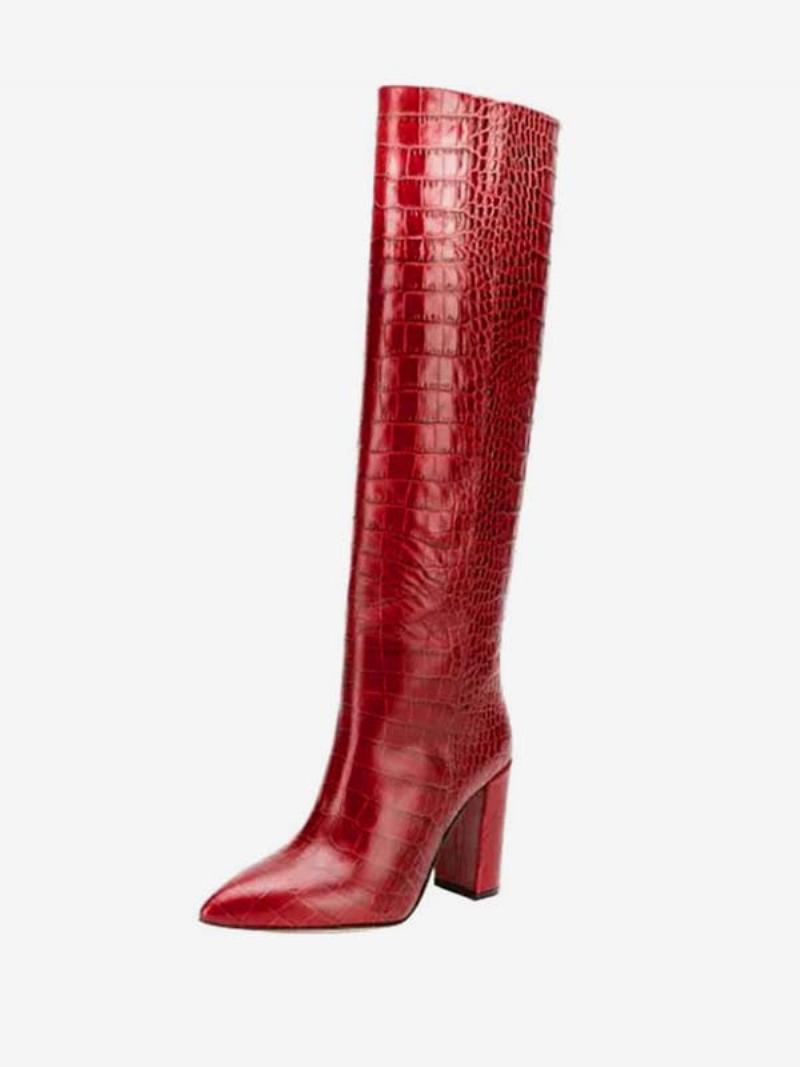 Női Croc Print Chunky Heel Térdcsizma - Piros