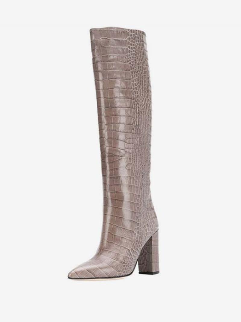 Női Croc Print Chunky Heel Térdcsizma - Világbarna