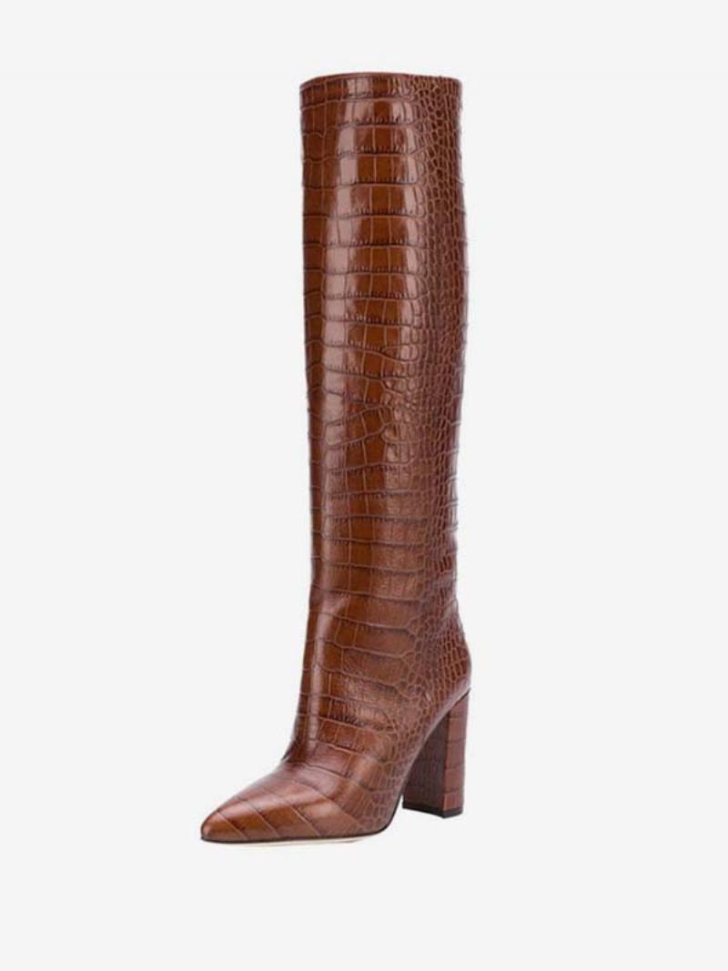 Női Croc Print Chunky Heel Térdcsizma - Mélybarna