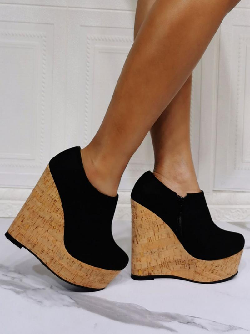 Női Kerek Orrú Wedge Heel Cipók - Fekete