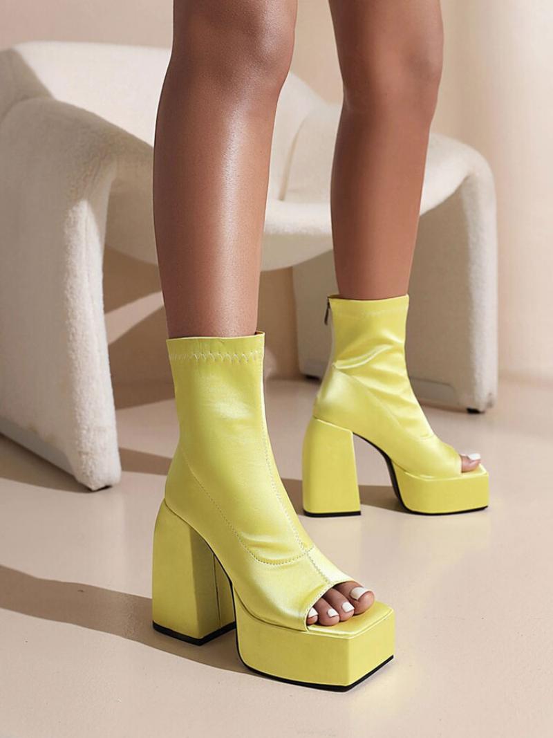 Női Peep Toe Nyári Csizma Platform Chunky Heels Bokacsizma Szatén - Sárga