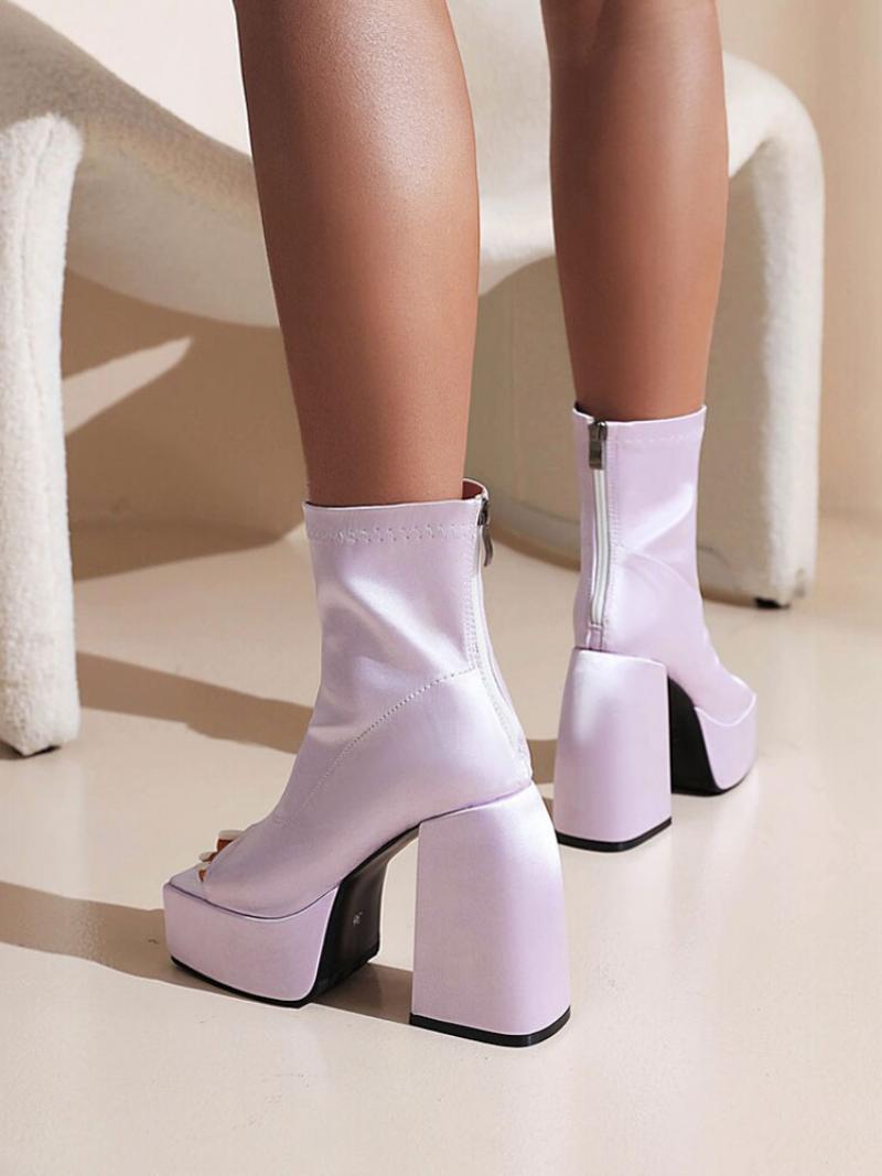 Női Peep Toe Nyári Csizma Platform Chunky Heels Bokacsizma Szatén - Fukszia Rózsaszín