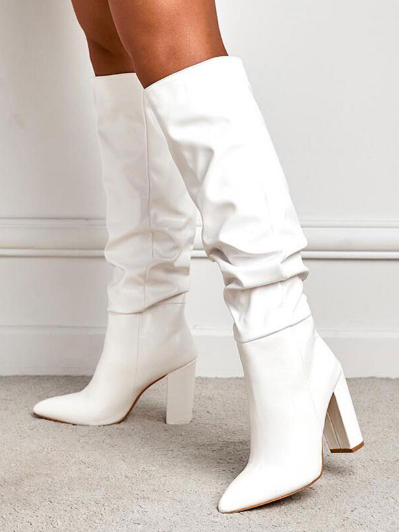 Női Slouchy Chunky Heel Térdcsizma - Fehér