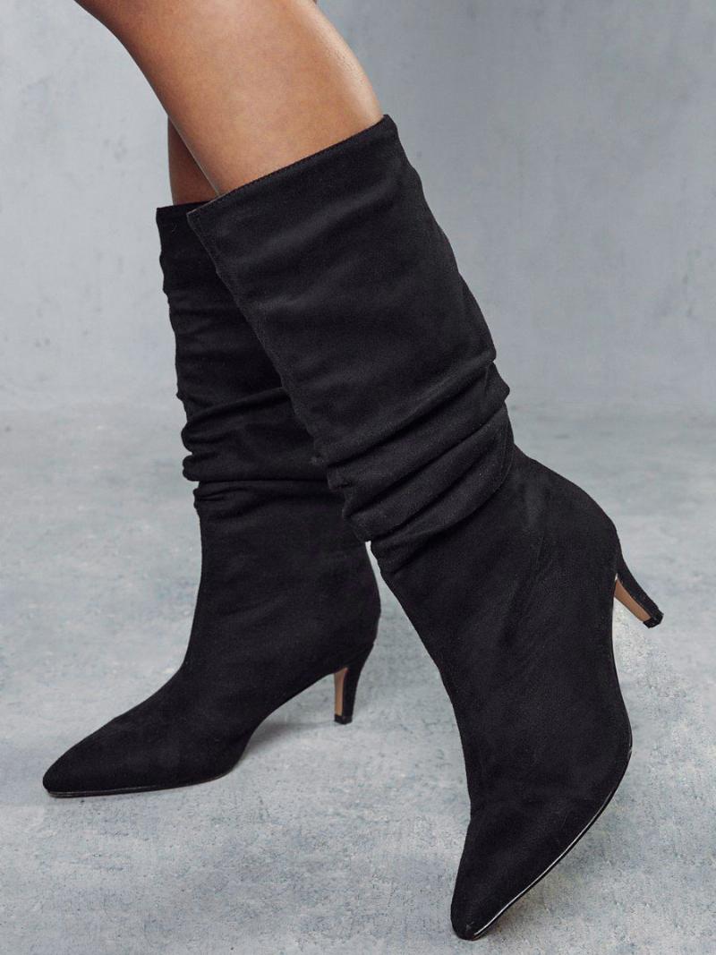 Női Slouchy Kitten Heel Lábszárközép Csizma - Fekete