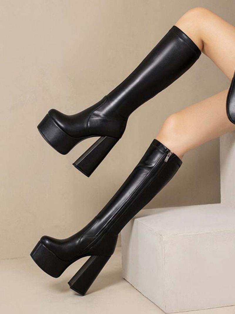 Női Térdcsizma Platform Chunky Heel - Fekete