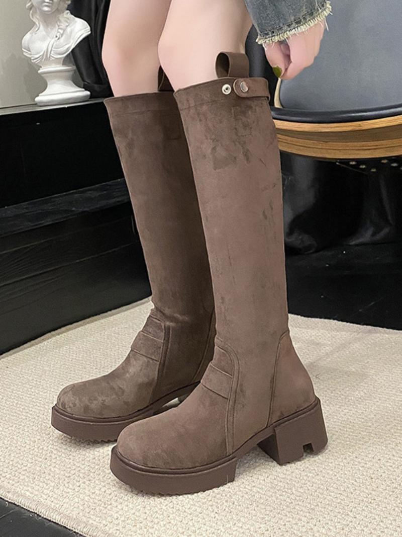 Női Térdmagas Csizma Coffe Brown Chunky Heel Térdig Érő