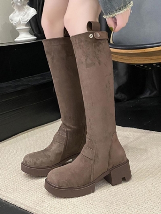 Női Térdmagas Csizma Coffe Brown Chunky Heel Térdig Érő