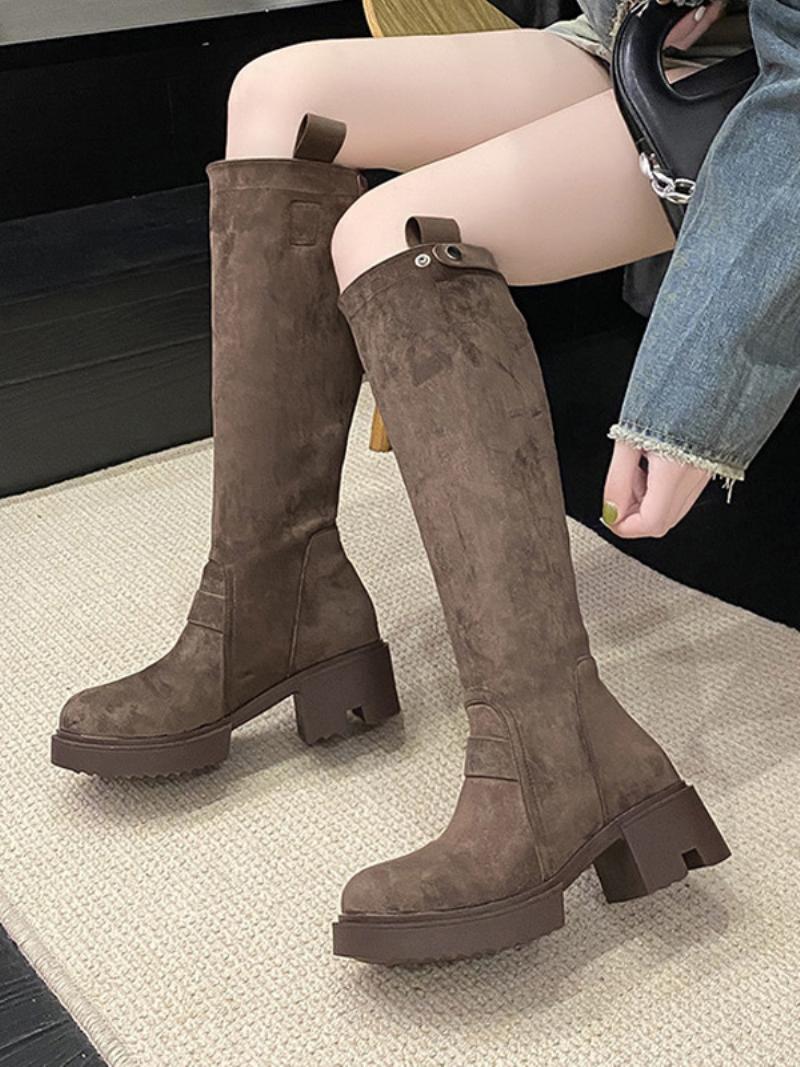 Női Térdmagas Csizma Coffe Brown Chunky Heel Térdig Érő - Kávé Barna