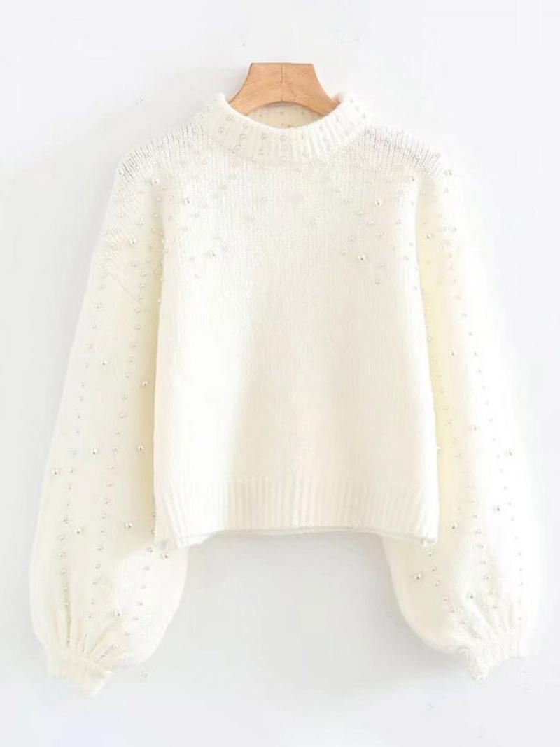 Pearl Pullover Drop Shoulder Lantern Ujjú Pulóverek Nőknek - Fehér