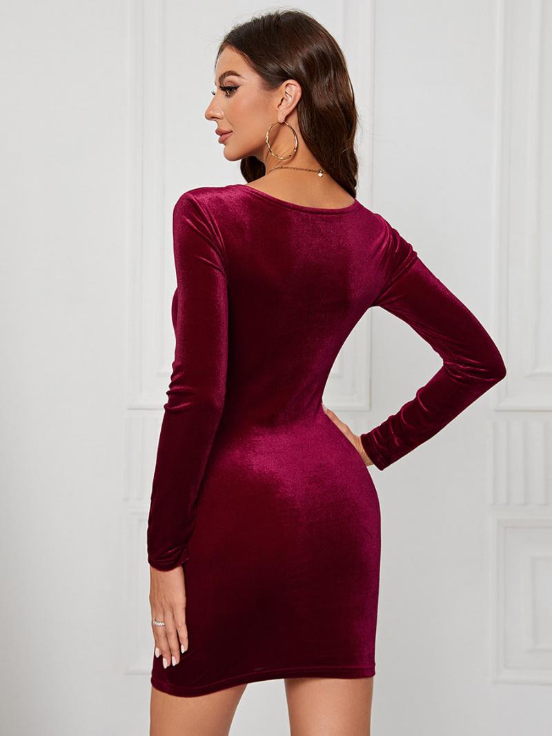 Női Bársony Ruha Sweetheart Nyakú Hosszú Ujjú Szexi Mini Bodycon Ruhák - Bordó