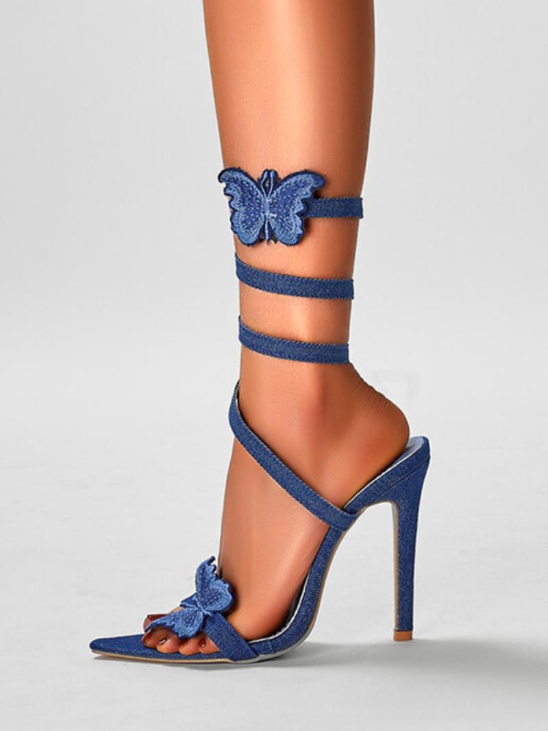 Demin Heeled Szandálok Női Nyitott Orrú Butterfly Detail Pántos Magassarkú