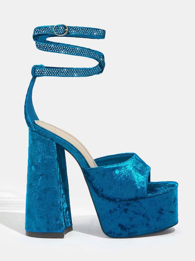 Női Bársony Fűzős Szandál Rose Platform Nyitott Orrú Blokk Sarkú - Royal Blue