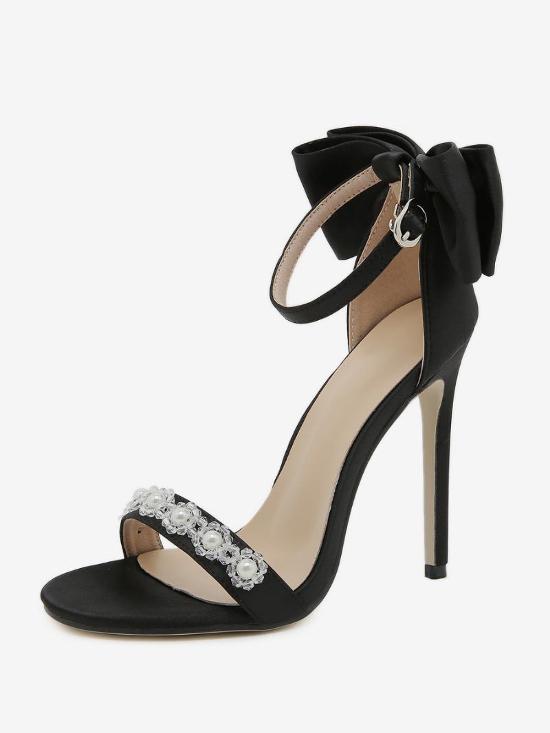 Női Sarkú Szandál Kerek Orrú Stiletto Heel Satin - Fekete