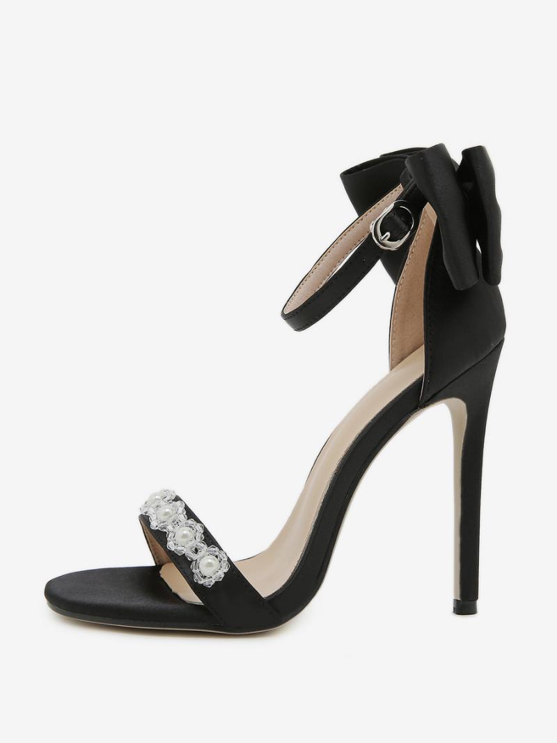 Női Sarkú Szandál Kerek Orrú Stiletto Heel Satin - Fekete