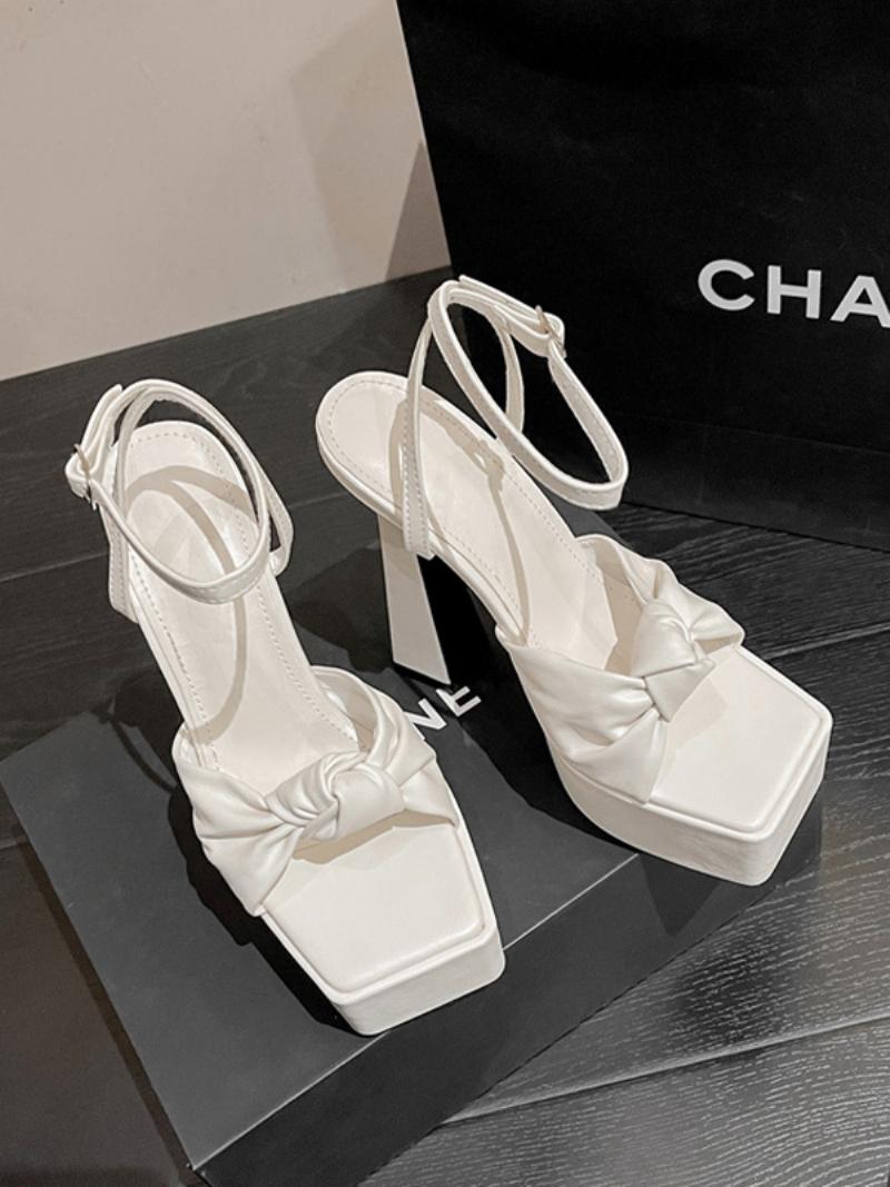 Női Sarkú Szandál Négyszögletes Orrú Chunky Heel Pu Bőr - Fehér