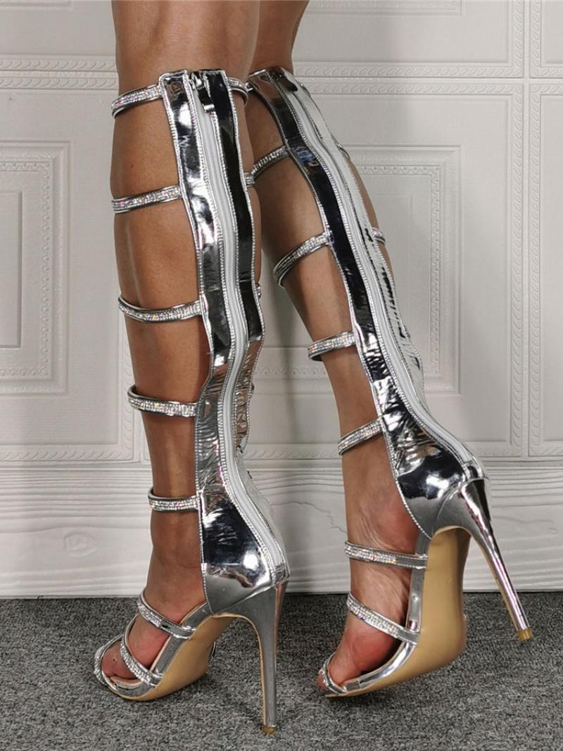 Női Sliver Knee High Gladiator Szandál Stiletto Heel - Ezüst