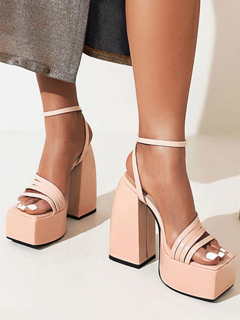 Női Strappy Platform Heels Chunky Block Sarkú Szandálok Báli Cipők - Világos Rózsaszín