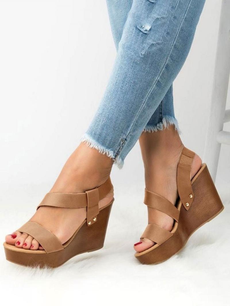 Női Wedge Heels Arany Nyitott Orrú Pántos Ékszandál - Kávébarna