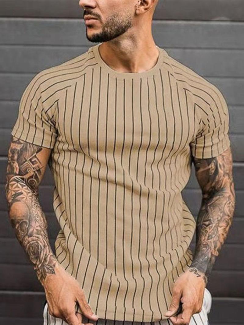 Férfi Pólók Alkalmi Jewel Neck Stripes Rövid Ujjú - Khaki