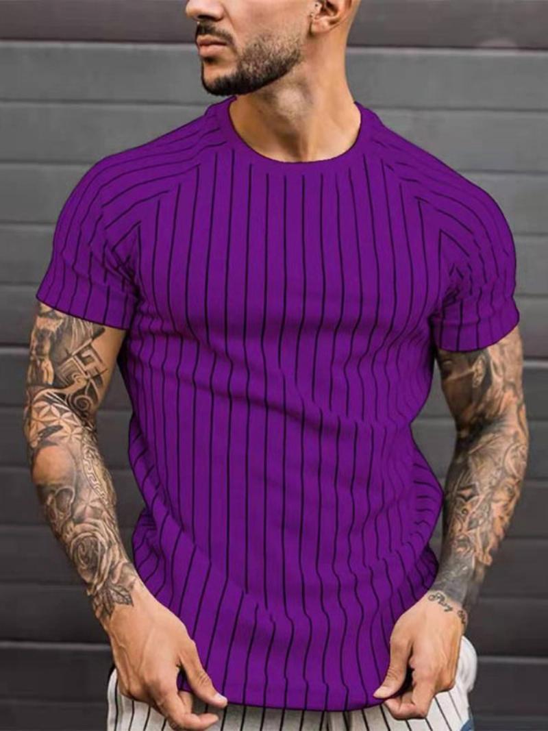 Férfi Pólók Alkalmi Jewel Neck Stripes Rövid Ujjú - Royal Purple