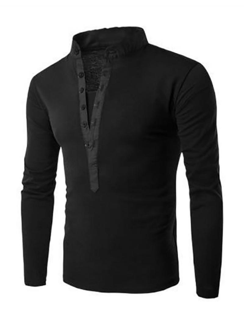 Férfi Pólók Chic Jewel Neck Hosszú Ujjú - Fekete