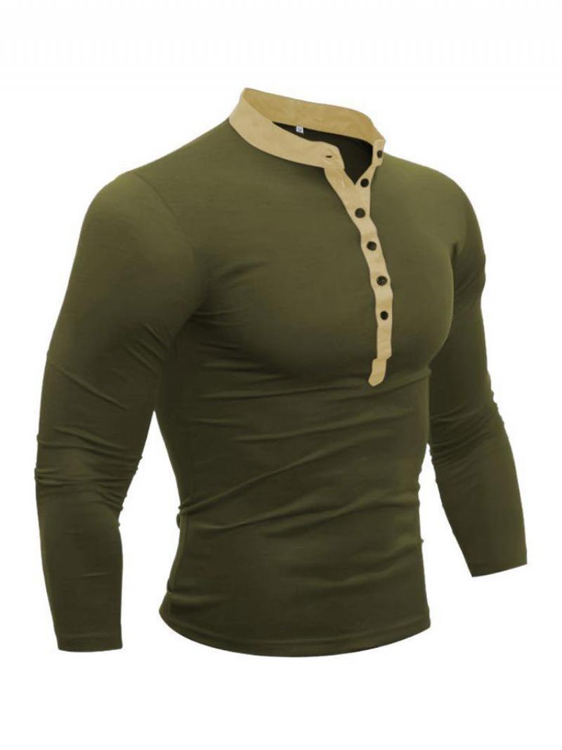 Férfi Pólók Chic Jewel Neck Hosszú Ujjú - Hunter Green