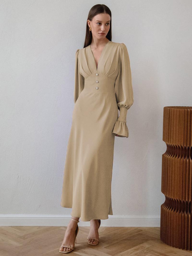 Női Sifon Midi Ruha V-nyakú Lámpás Ujjú Gombos Ruhák Egyszínű - Khaki