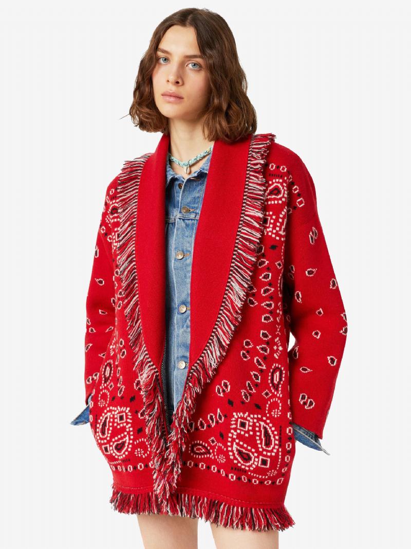 Női Jacquard Kardigánok Paisley Ihletésű Bojtári Övvel Ellátott Gyapjúkeverék Boho Pulóver