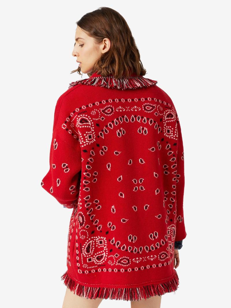 Női Jacquard Kardigánok Paisley Ihletésű Bojtári Övvel Ellátott Gyapjúkeverék Boho Pulóver - Piros