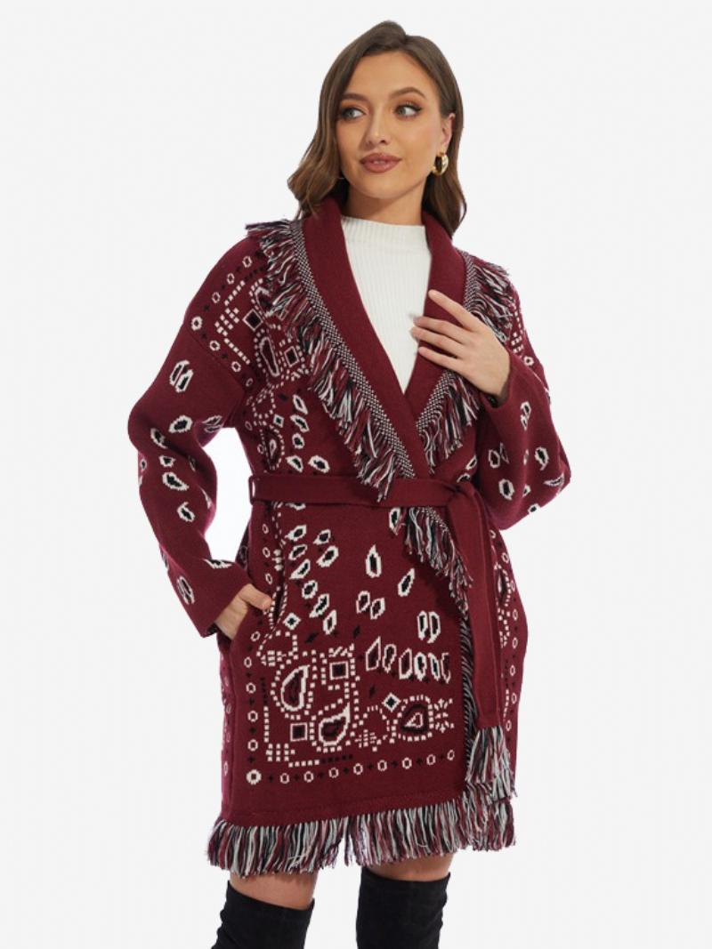 Női Jacquard Kardigánok Paisley Ihletésű Bojtári Övvel Ellátott Gyapjúkeverék Boho Pulóver - Burgundi