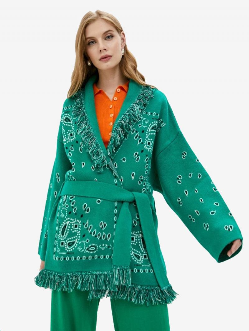 Női Jacquard Kardigánok Paisley Ihletésű Bojtári Övvel Ellátott Gyapjúkeverék Boho Pulóver - Sötétzöld