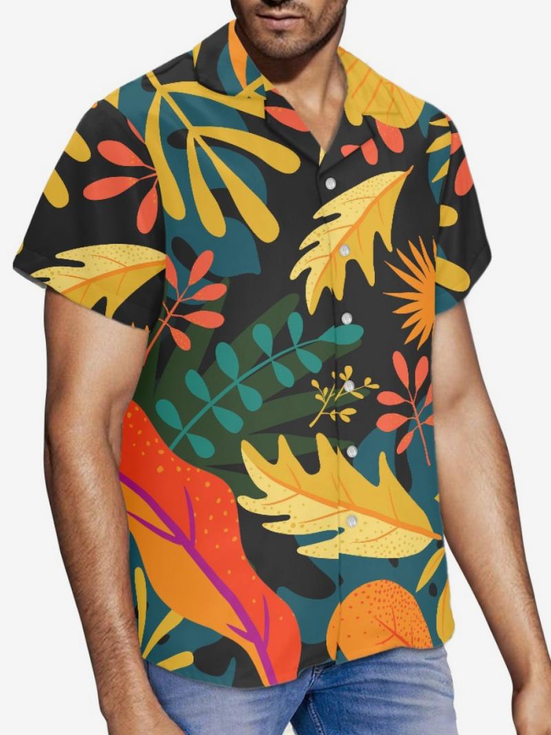 Férfi Rövid Ujjú Hawaii Ing Tropical Printing Vacation Top - Fekete