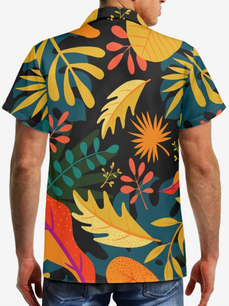 Férfi Rövid Ujjú Hawaii Ing Tropical Printing Vacation Top - Fekete