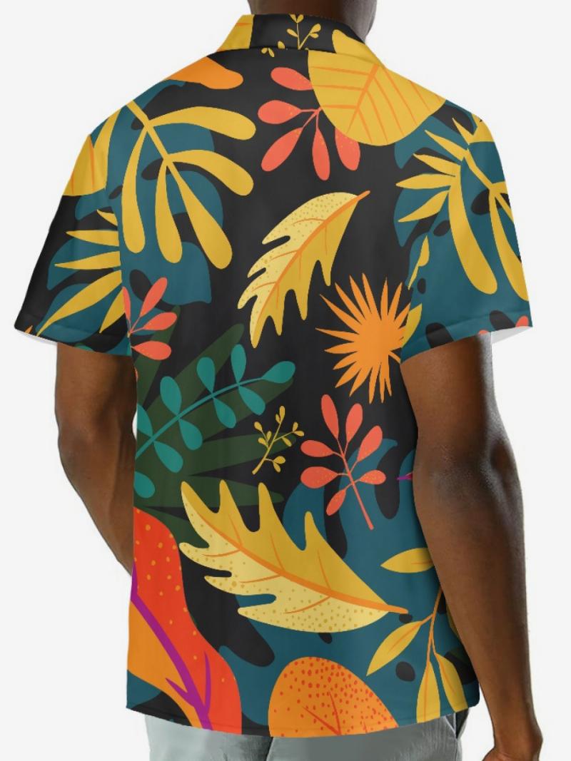 Férfi Rövid Ujjú Hawaii Ing Tropical Printing Vacation Top - Fekete