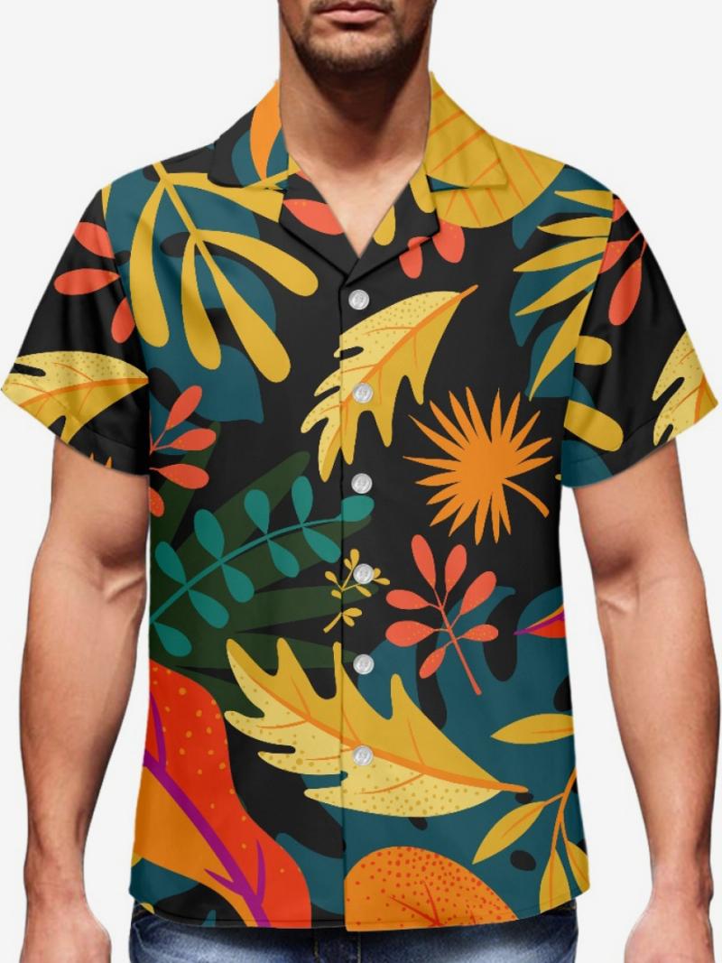 Férfi Rövid Ujjú Hawaii Ing Tropical Printing Vacation Top - Fekete