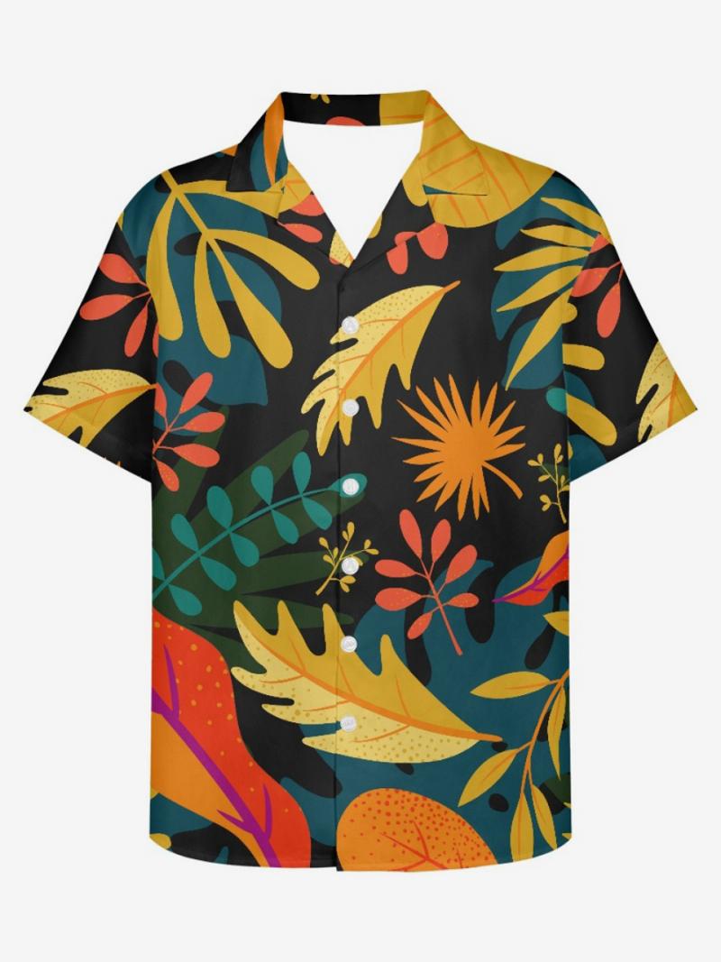 Férfi Rövid Ujjú Hawaii Ing Tropical Printing Vacation Top - Fekete