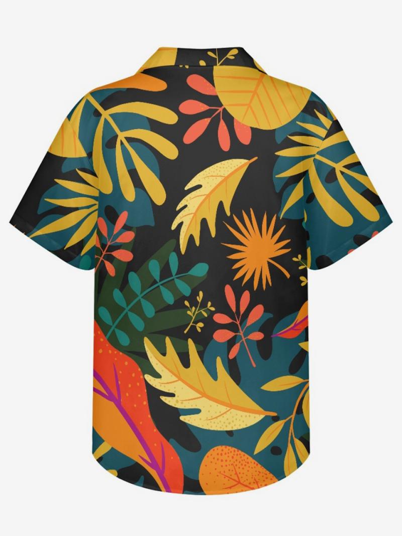 Férfi Rövid Ujjú Hawaii Ing Tropical Printing Vacation Top - Fekete