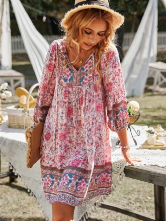 Női Boho Ruha V-nyakú Hosszú Ujjú Nyomott Nyári