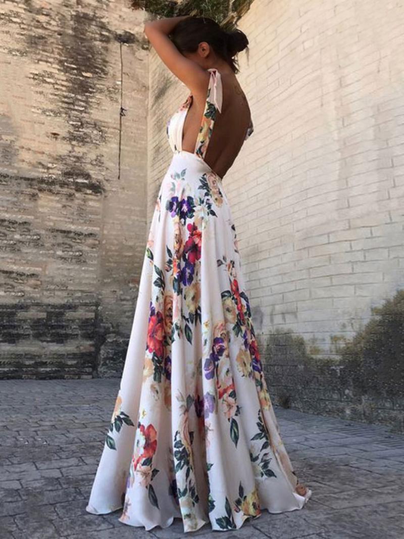 Női Virágos Maxi Ruha Fehér V Nyakú Nyitott Hátú Chiffon Boho Nyári Ruhák - Fehér